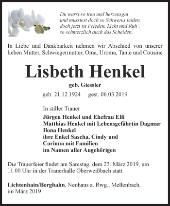 Traueranzeige von Lisbeth Henkel von Ostthüringer Zeitung