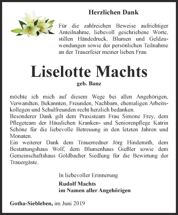 Traueranzeige von Liselotte Machts von Ostthüringer Zeitung, Thüringische Landeszeitung