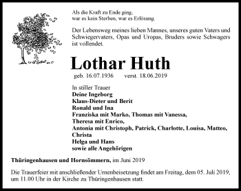 Traueranzeige von Lothar Huth von Thüringer Allgemeine