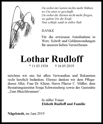 Traueranzeige von Lothar Rudloff von Thüringer Allgemeine, Thüringische Landeszeitung