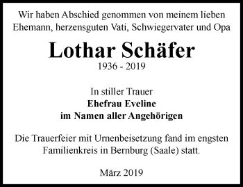 Traueranzeige von Lothar Schäfer von Ostthüringer Zeitung, Thüringische Landeszeitung