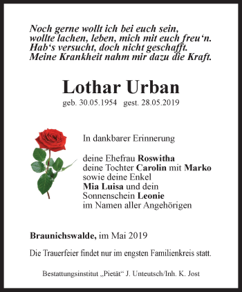 Traueranzeige von Lothar Urban von Ostthüringer Zeitung
