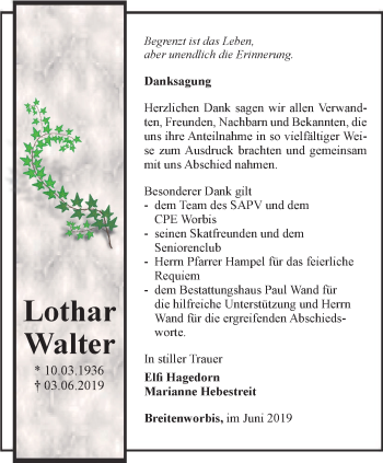 Traueranzeige von Lothar Walter von Thüringer Allgemeine