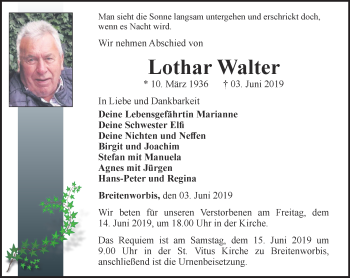 Traueranzeige von Lothar Walter von Thüringer Allgemeine