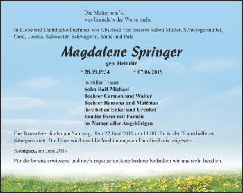 Traueranzeige von Magdatene Springer von Ostthüringer Zeitung