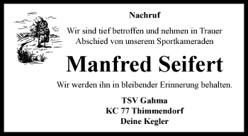 Traueranzeige von Manfred Seifert von Ostthüringer Zeitung