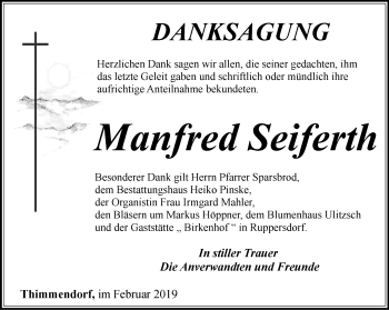 Traueranzeige von Manfred Seiferth von Ostthüringer Zeitung