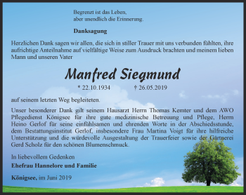 Traueranzeige von Manfred Siegmund von Ostthüringer Zeitung