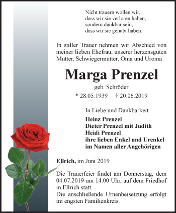 Traueranzeige von Marga Prenzel von Thüringer Allgemeine