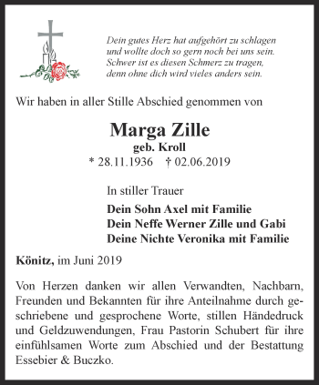 Traueranzeige von Marga Zille von Ostthüringer Zeitung