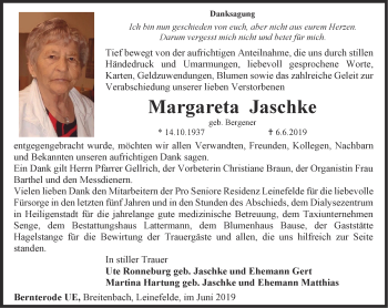 Traueranzeige von Margareta Jaschke von Thüringer Allgemeine