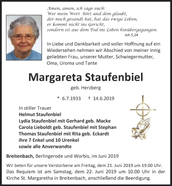 Traueranzeige von Margareta Staufenbiel von Thüringer Allgemeine