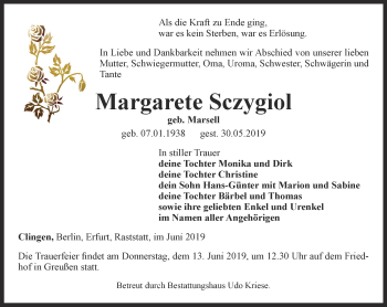 Traueranzeige von Margarete Sczygiol von Thüringer Allgemeine