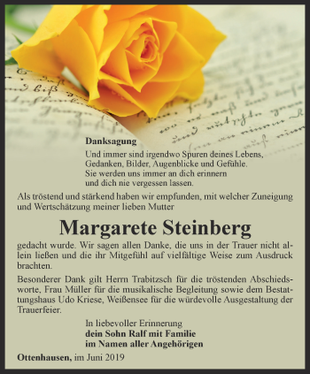 Traueranzeige von Margarete Steinberg von Thüringer Allgemeine
