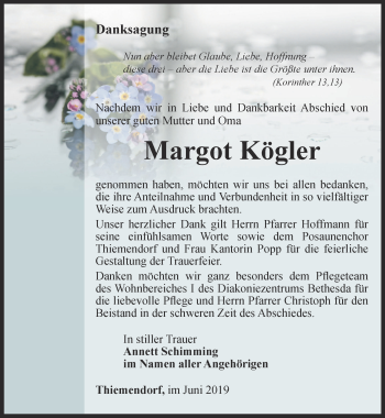 Traueranzeige von Margot Kögler von Ostthüringer Zeitung