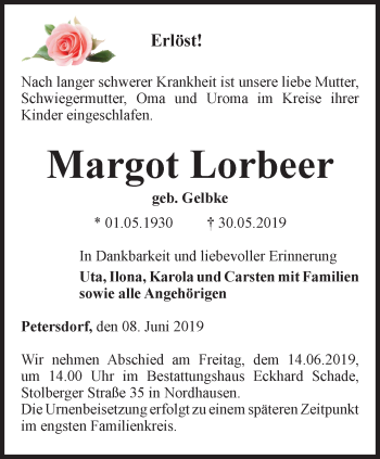 Traueranzeige von Margot Lorbeer von Thüringer Allgemeine