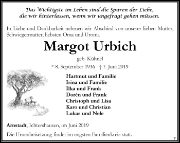 Traueranzeige von Margot Urbich von Thüringer Allgemeine