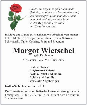 Traueranzeige von Margot Wietschel von Ostthüringer Zeitung, Thüringische Landeszeitung