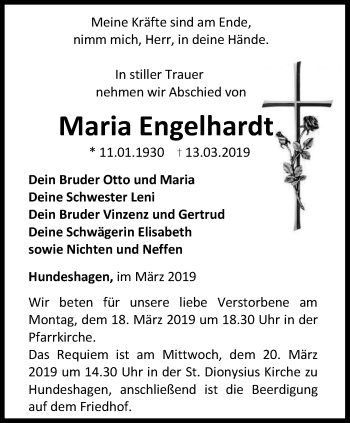 Traueranzeige von Maria Engelhardt von Thüringer Allgemeine