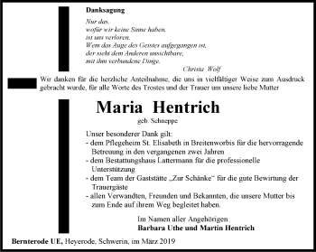 Traueranzeige von Maria Hentrich von Thüringer Allgemeine