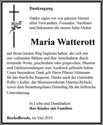 Traueranzeige von Maria Watterott von Thüringer Allgemeine