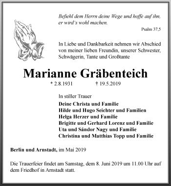 Traueranzeige von Marianne Gräbenteich von Thüringer Allgemeine