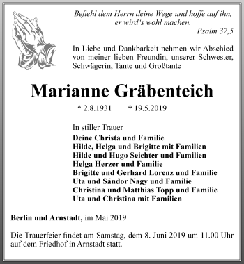 Traueranzeige von Marianne Gräbenteich von Thüringer Allgemeine