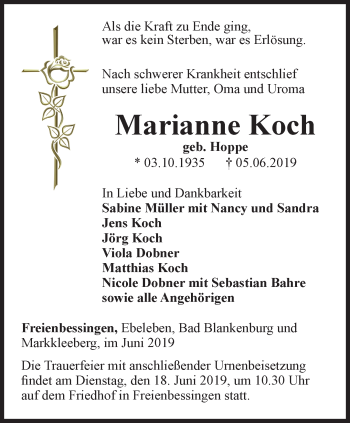 Traueranzeige von Marianne Koch von Thüringer Allgemeine