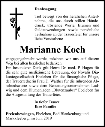 Traueranzeige von Marianne Koch von Thüringer Allgemeine