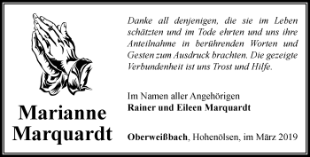 Traueranzeige von Marianne Marquardt von Ostthüringer Zeitung