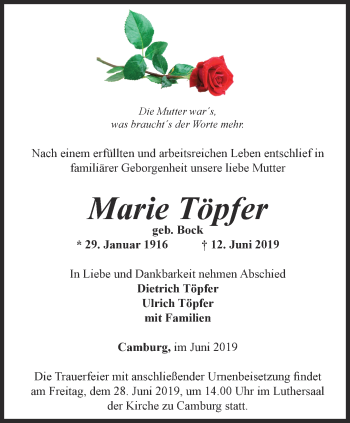 Traueranzeige von Marie Töpfer von Ostthüringer Zeitung, Thüringische Landeszeitung