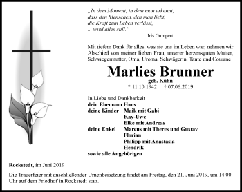 Traueranzeige von Marlies Brunner von Thüringer Allgemeine