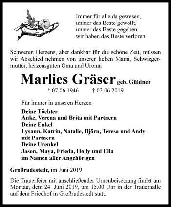 Traueranzeige von Marlies Gräser von Thüringer Allgemeine