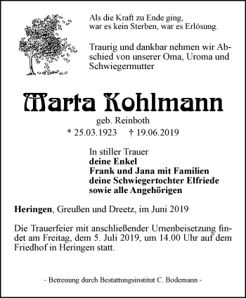 Traueranzeige von Marta Kohlmann von Thüringer Allgemeine