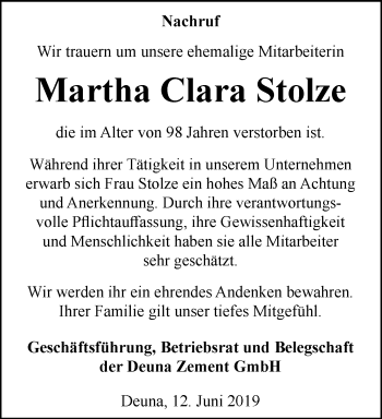 Traueranzeige von Martha Clara Stolze von Thüringer Allgemeine