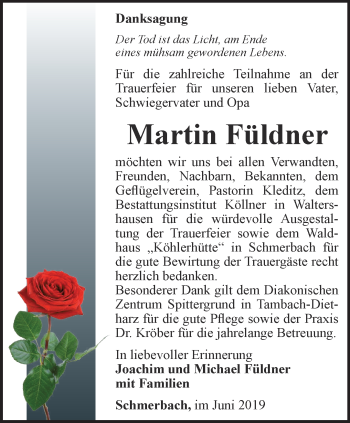 Traueranzeige von Martin Füldner von Ostthüringer Zeitung, Thüringische Landeszeitung