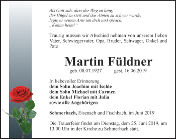 Traueranzeige von Martin Füldner von Ostthüringer Zeitung, Thüringische Landeszeitung