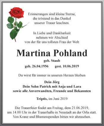 Traueranzeige von Martina Pohland von Ostthüringer Zeitung