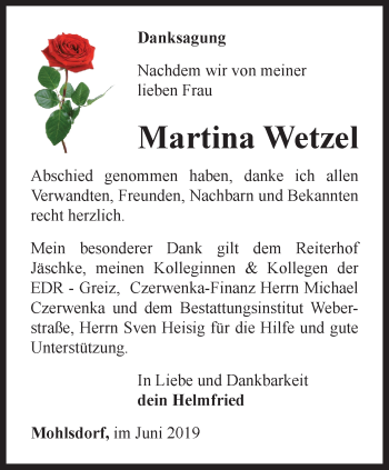 Traueranzeige von Martina Wetzel von Ostthüringer Zeitung