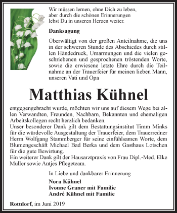 Traueranzeige von Matthias Kühnel von Thüringer Allgemeine, Thüringische Landeszeitung