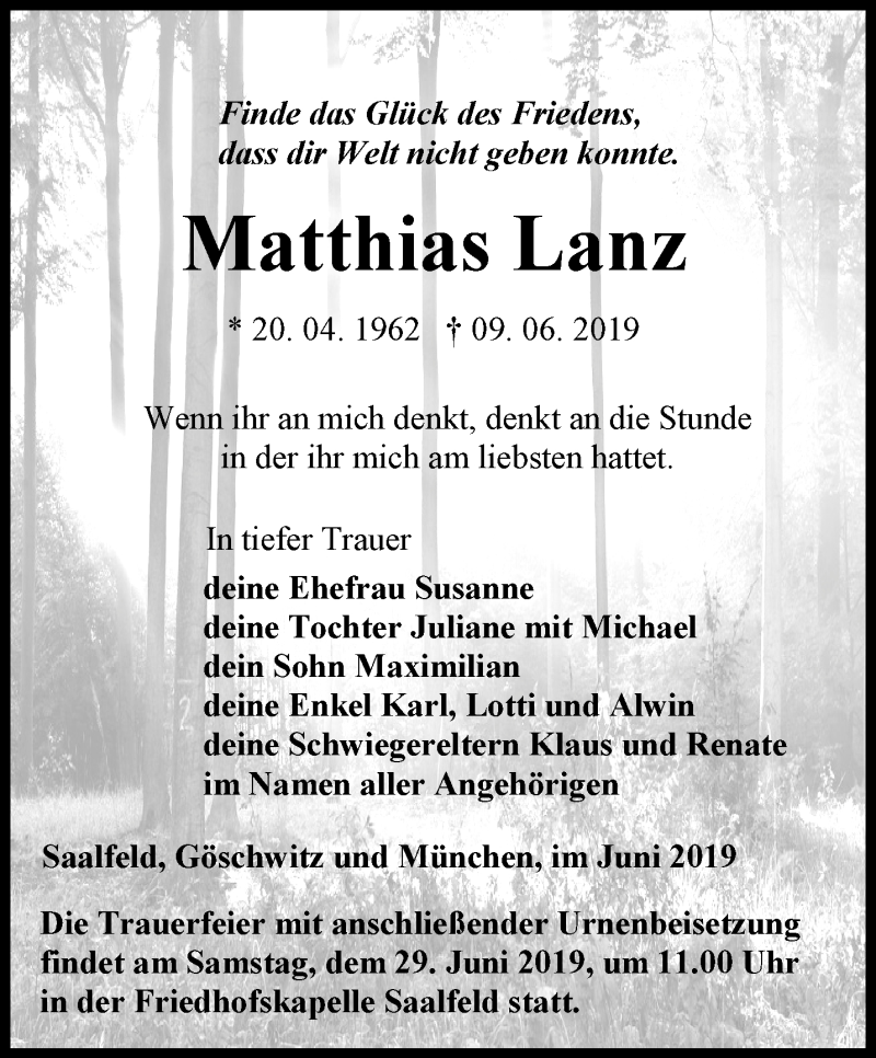  Traueranzeige für Matthias Lanz vom 22.06.2019 aus Ostthüringer Zeitung