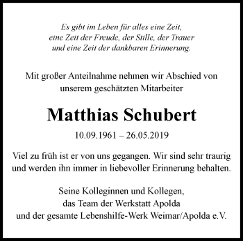 Traueranzeige von Matthias Schubert von Thüringer Allgemeine