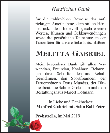 Traueranzeige von Melitta Gabriel von Ostthüringer Zeitung