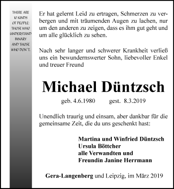 Traueranzeige von Michael Düntzsch von Ostthüringer Zeitung