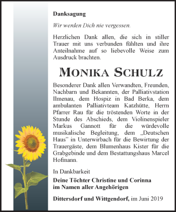 Traueranzeige von Monika Schulz von Ostthüringer Zeitung