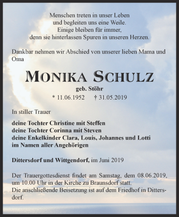 Traueranzeige von Monika Schulz von Ostthüringer Zeitung