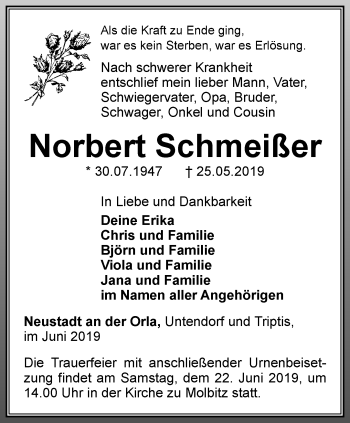 Traueranzeige von Norbert Schmeißer von Ostthüringer Zeitung