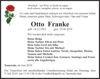 Traueranzeige von Otto Franke von Thüringer Allgemeine, Thüringische Landeszeitung