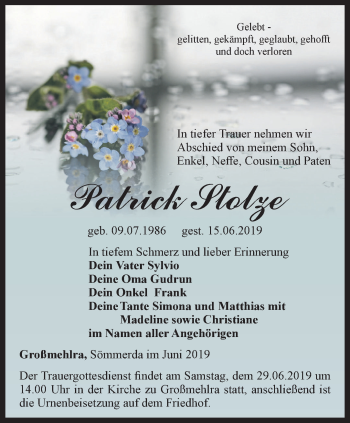 Traueranzeige von Patrick Stolze von Thüringer Allgemeine, Thüringische Landeszeitung