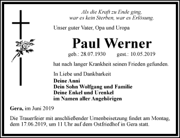 Traueranzeige von Paul Werner von Ostthüringer Zeitung